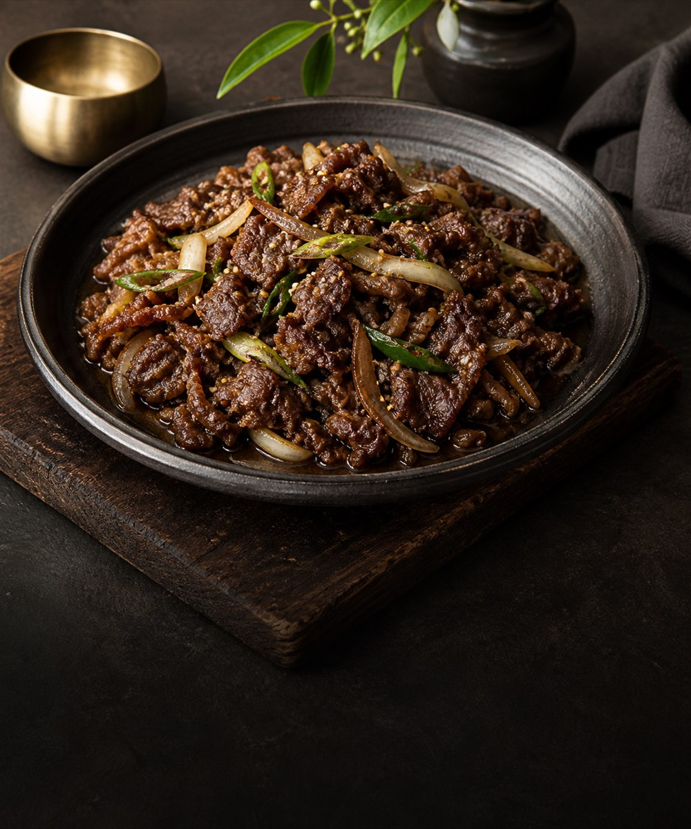 Caramelized Korean bulgogi beef in a dark ceramic bowl