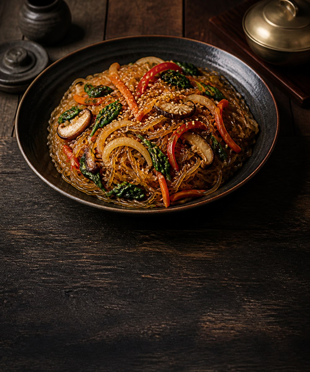 Glossy Korean japchae noodles with colorful vegetables