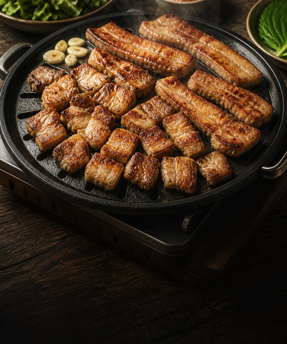 Golden-brown samgyeopsal pork belly on a Korean tabletop grill